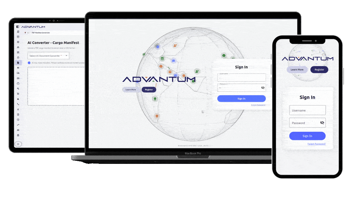 ADVANTUM software displayed on a laptop, tablet and phone.
