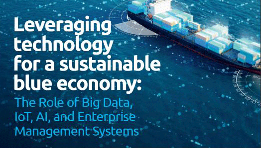 Container ship graphic illustrating a sustainable blue economy powered by big data, IoT, AI and enterprise management systems.
