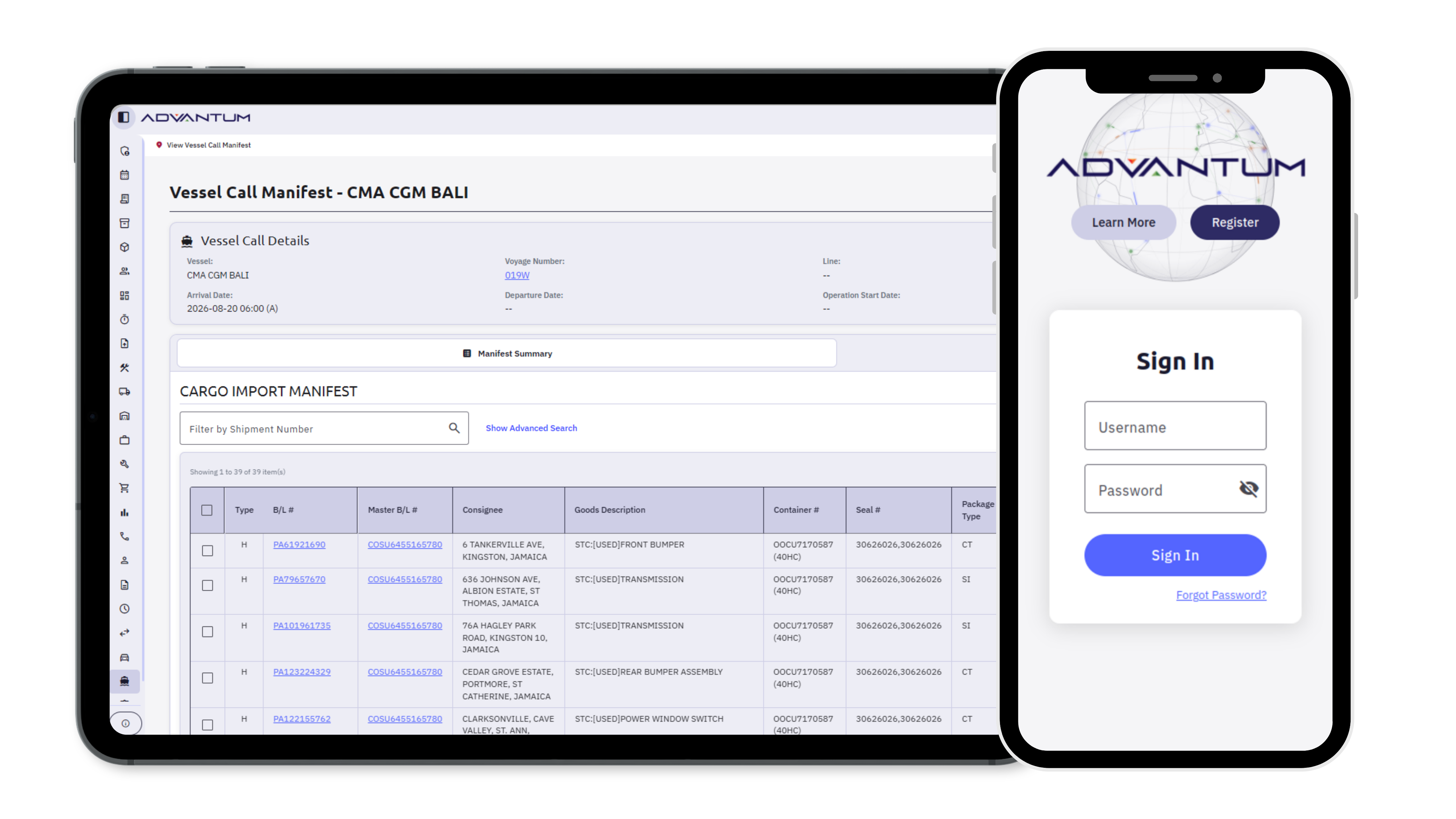 ADVANTUM Cargo Manifest View