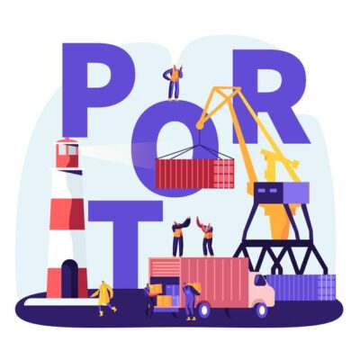 shipping-port-concept-harbor-crane-loading-containers-seaport-workers-carry-boxes-from-truck-docks-near-lighthouse-sea-logistic-poster-flyer-brochure-cartoon-flat-vector-illustration_87771-5532